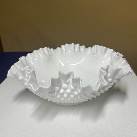 Fenton Other - Sold
Fenton Hobnail White Milk Glass Ruffled Edge Bowl 11.5” by 4”